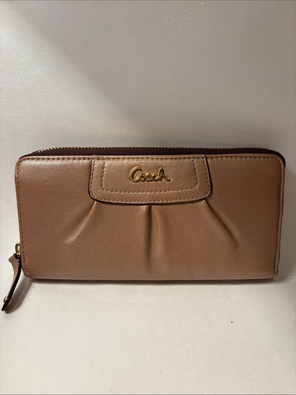 CoachTan bronze Leather Zip Wallet with Gold Logo